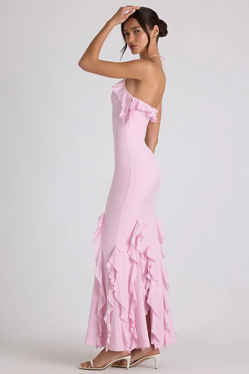 Elegant Ruffle Off Shoulder Backless Split Evening Party Maxi Dress