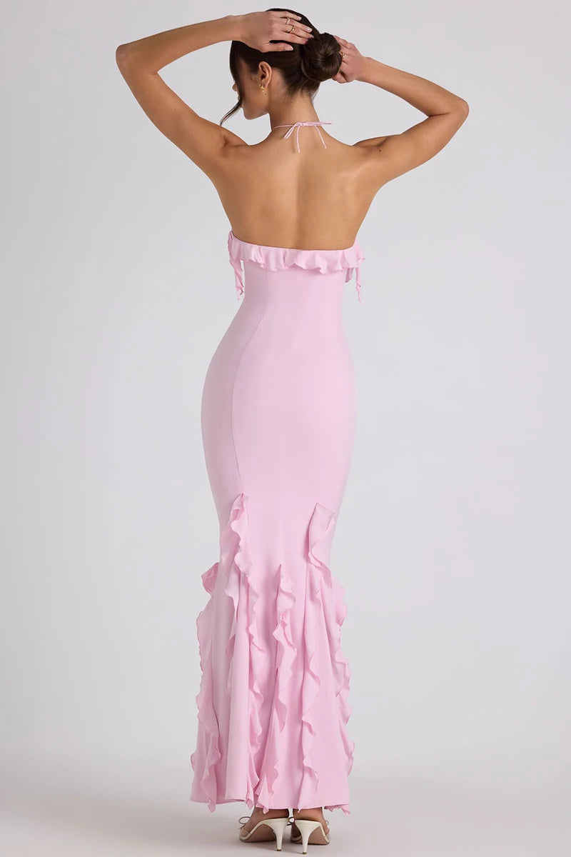 Elegant Ruffle Off Shoulder Backless Split Evening Party Maxi Dress