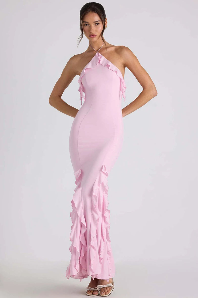 Elegant Ruffle Off Shoulder Backless Split Evening Party Maxi Dress