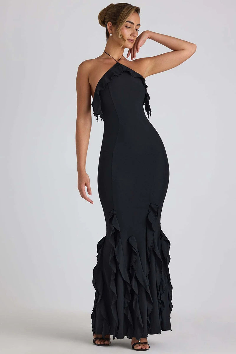 Elegant Ruffle Off Shoulder Backless Split Evening Party Maxi Dress