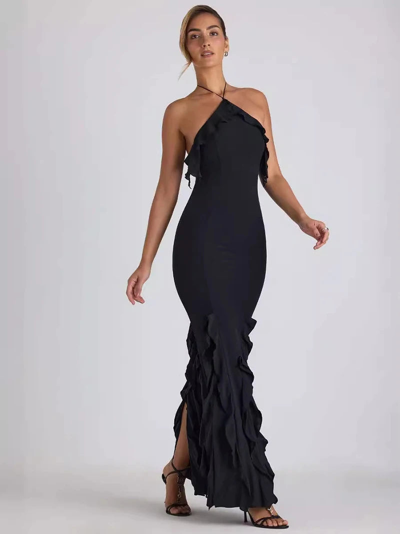 Elegant Ruffle Off Shoulder Backless Split Evening Party Maxi Dress