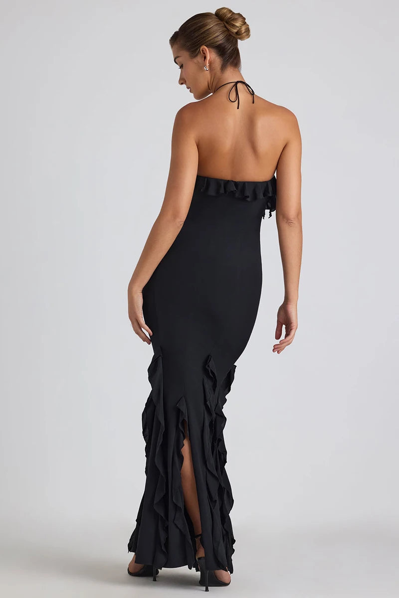 Elegant Ruffle Off Shoulder Backless Split Evening Party Maxi Dress