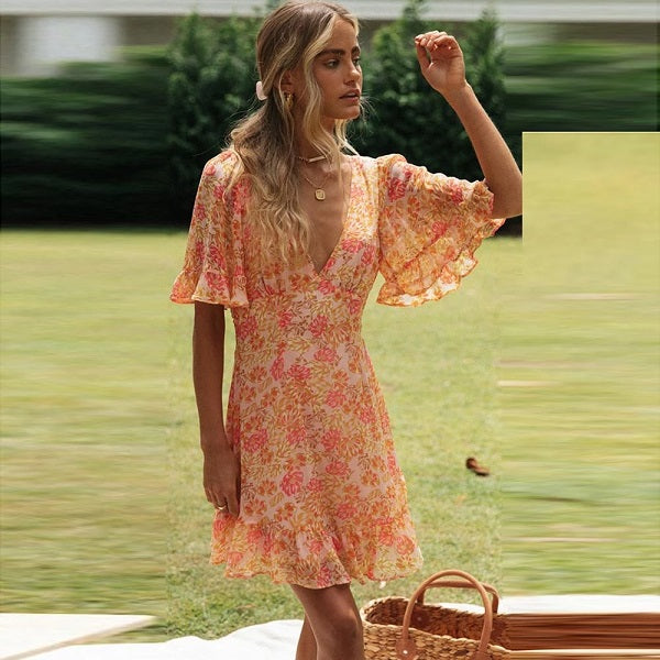 Elegant Ruffle Print Casual Mini Dress