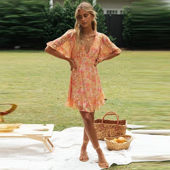 Elegant Ruffle Print Casual Mini Dress