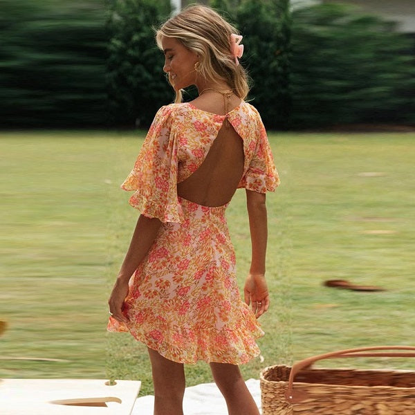 Elegant Ruffle Print Casual Mini Dress