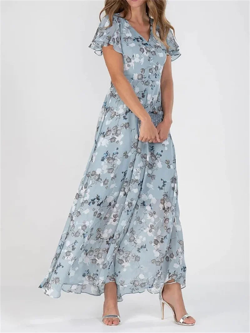 Elegant Ruffle Short Sleeve V Neck Pullover Sweet Style Small Flower Print High Waist Dress