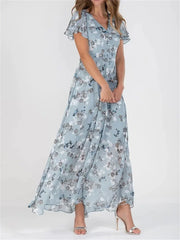 Elegant Ruffle Short Sleeve V Neck Pullover Sweet Style Small Flower Print High Waist Dress