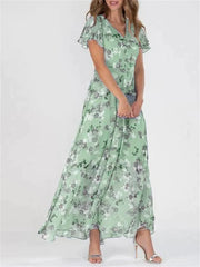 Elegant Ruffle Short Sleeve V Neck Pullover Sweet Style Small Flower Print High Waist Dress