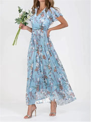 Elegant Ruffle Short Sleeve V Neck Pullover Sweet Style Small Flower Print High Waist Dress