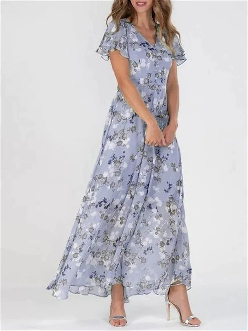 Elegant Ruffle Short Sleeve V Neck Pullover Sweet Style Small Flower Print High Waist Dress