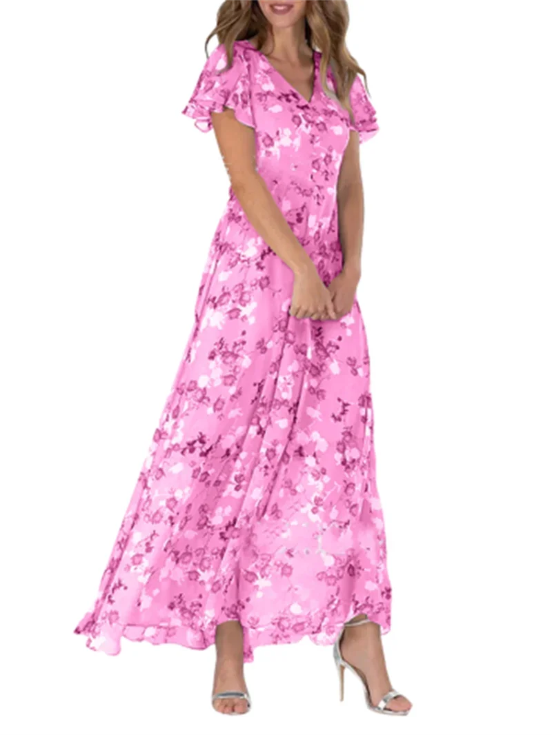 Elegant Ruffle Short Sleeve V Neck Pullover Sweet Style Small Flower Print High Waist Dress