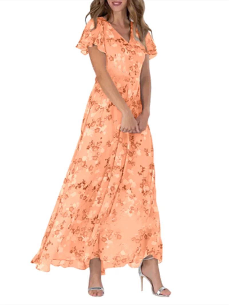 Elegant Ruffle Short Sleeve V Neck Pullover Sweet Style Small Flower Print High Waist Dress