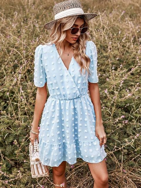 Elegant Ruffle Short Sleeve V-neck Mini Dress