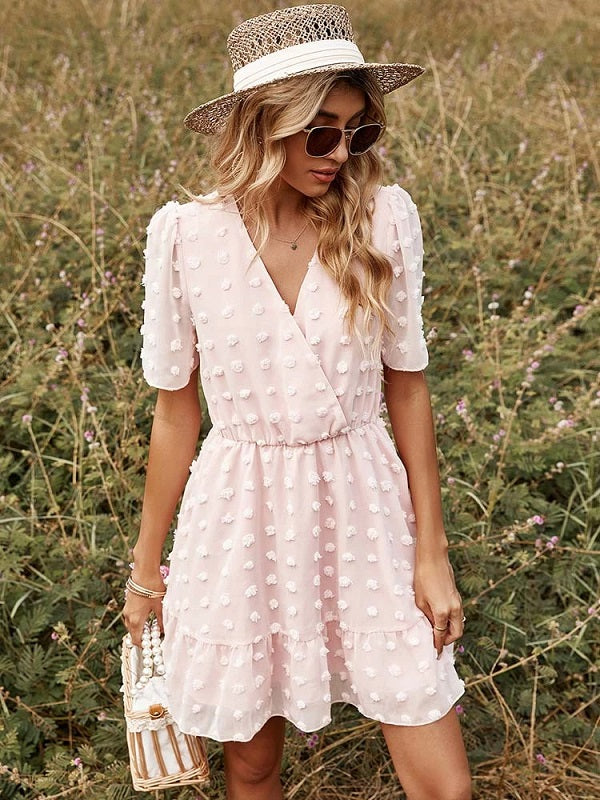 Elegant Ruffle Short Sleeve V-neck Mini Dress