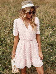 Elegant Ruffle Short Sleeve V-neck Mini Dress