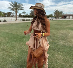 Elegant Ruffle Sleeveless Halter Irregular Ruffles Loose Mini Skirt Set
