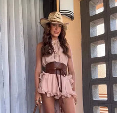 Elegant Ruffle Sleeveless Halter Irregular Ruffles Loose Mini Skirt Set