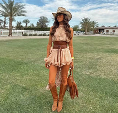 Elegant Ruffle Sleeveless Halter Irregular Ruffles Loose Mini Skirt Set