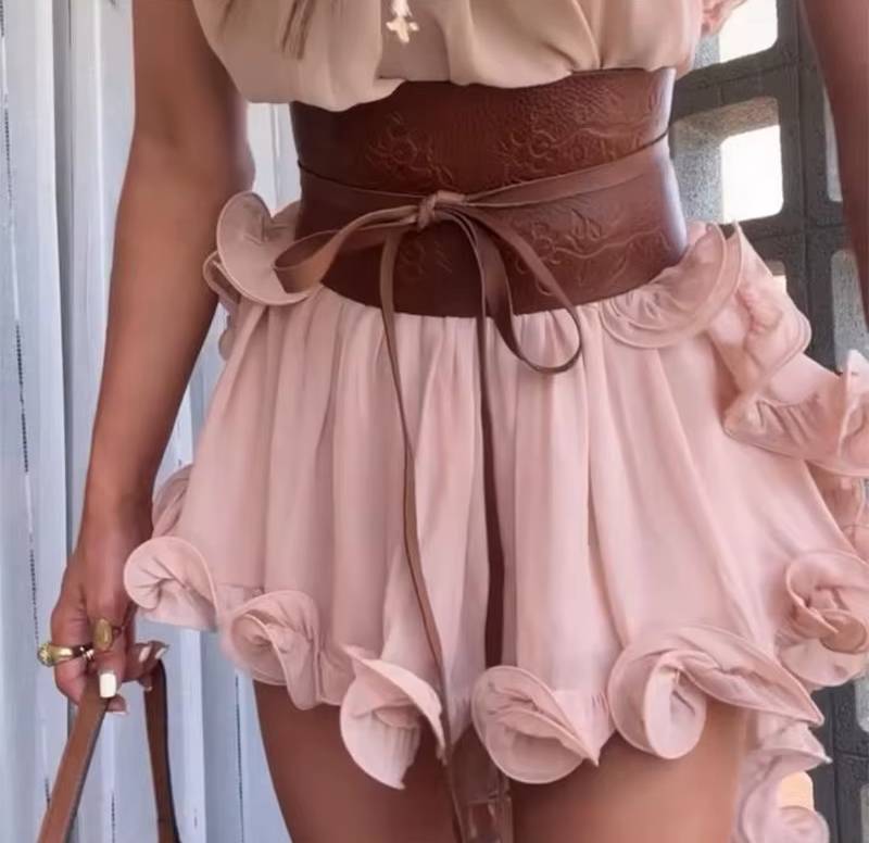 Elegant Ruffle Sleeveless Halter Irregular Ruffles Loose Mini Skirt Set
