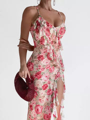 Elegant Ruffle Trim Asymmetrical Long Sleeveless Floral Slip Dress