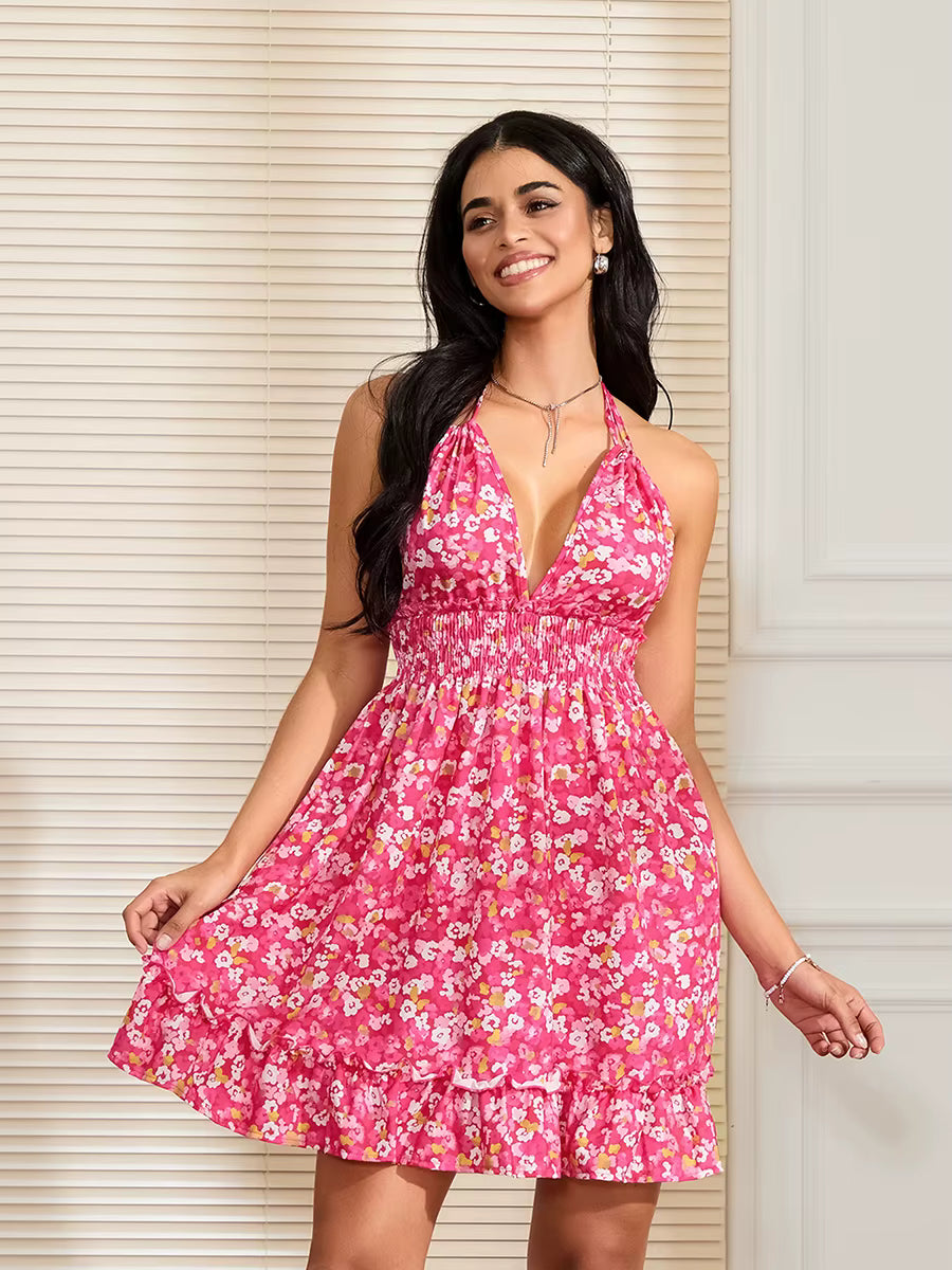 Elegant Ruffled Hem V-Neck Floral Print Sleeveless Maternity Mini Dress