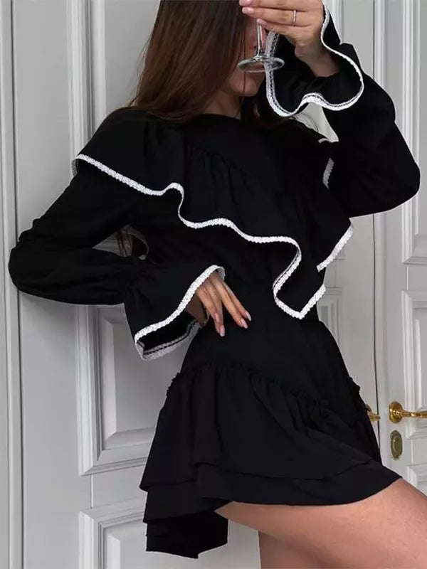 Elegant Ruffled Long Sleeve A-line Skater Mini Dress