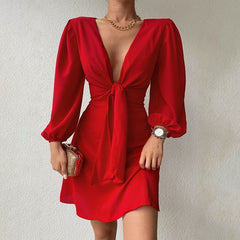 Elegant Ruffled Puff Sleeve V Neck Knotted Design Dress