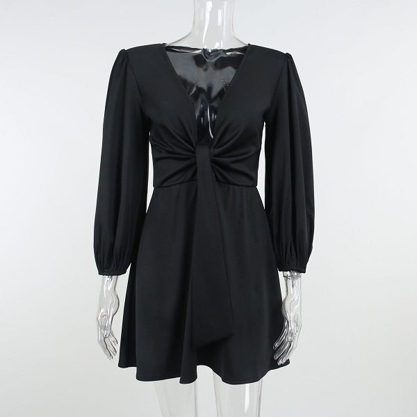 Elegant Ruffled Puff Sleeve V Neck Knotted Design Dress