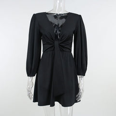 Elegant Ruffled Puff Sleeve V Neck Knotted Design Dress