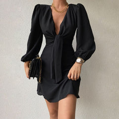 Elegant Ruffled Puff Sleeve V Neck Knotted Design Dress