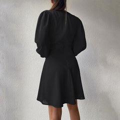 Elegant Ruffled Puff Sleeve V Neck Knotted Design Dress
