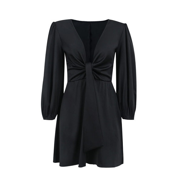 Elegant Ruffled Puff Sleeve V Neck Knotted Design Dress