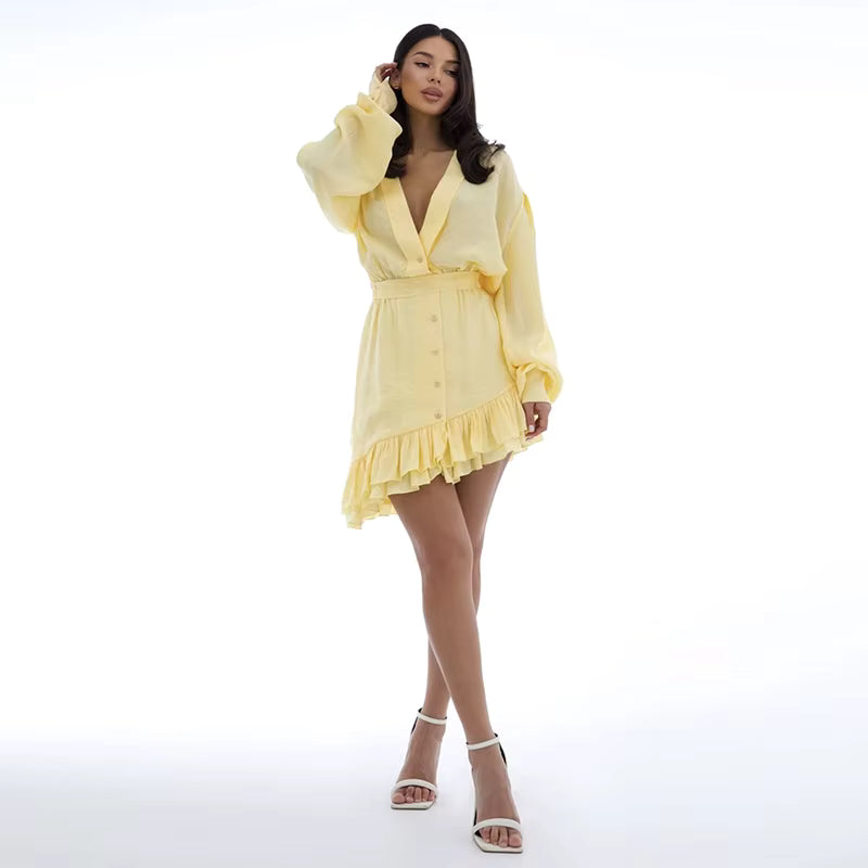 Elegant Ruffled V Neck Loose Beach Style Irregular Hem Mini Dress