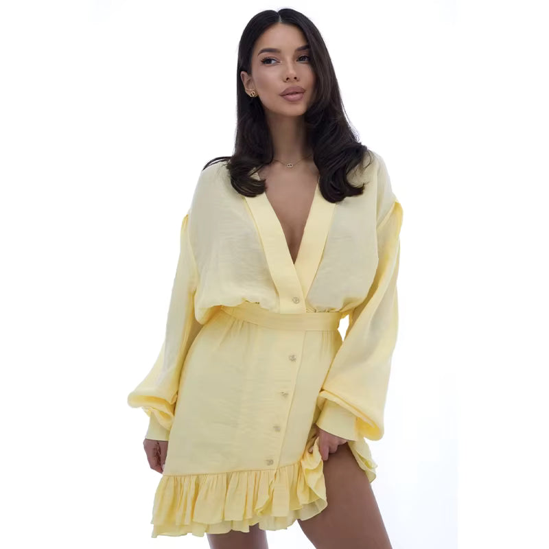 Elegant Ruffled V Neck Loose Beach Style Irregular Hem Mini Dress