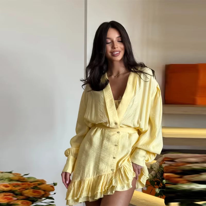 Elegant Ruffled V Neck Loose Beach Style Irregular Hem Mini Dress