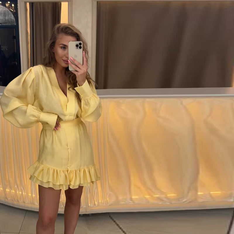 Elegant Ruffled V Neck Loose Beach Style Irregular Hem Mini Dress