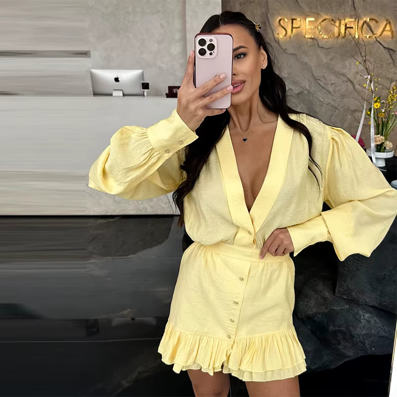 Elegant Ruffled V Neck Loose Beach Style Irregular Hem Mini Dress