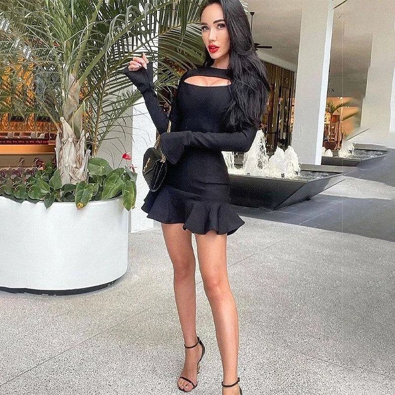 Elegant  Ruffles Bandage Long Flare Sleeve Hollow Out Bodycon Mini Dress