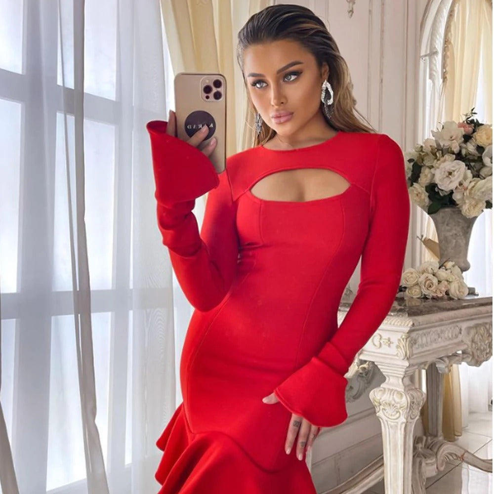 Elegant  Ruffles Bandage Long Flare Sleeve Hollow Out Bodycon Mini Dress