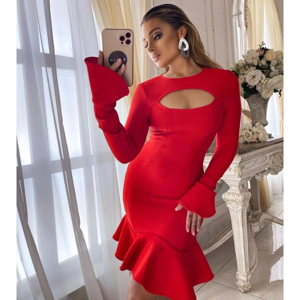 Elegant  Ruffles Bandage Long Flare Sleeve Hollow Out Bodycon Mini Dress