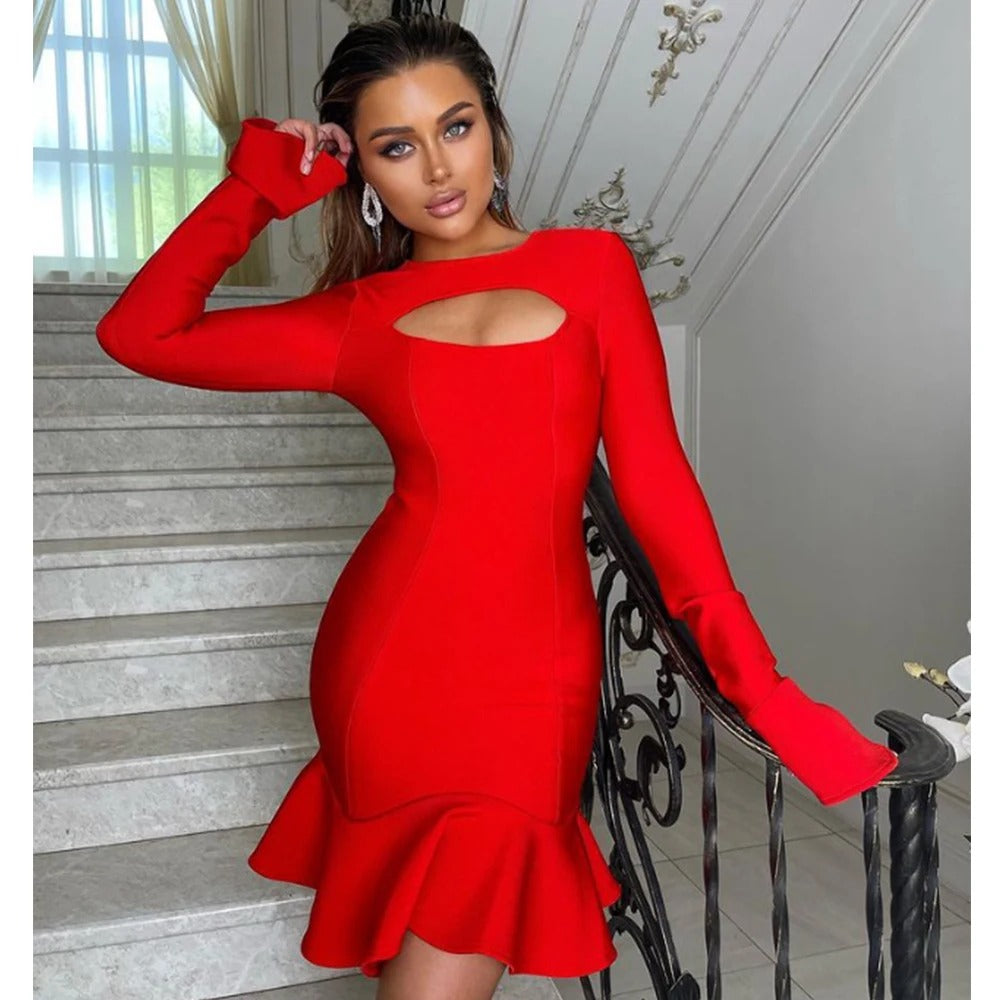 Elegant  Ruffles Bandage Long Flare Sleeve Hollow Out Bodycon Mini Dress