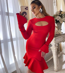 Elegant  Ruffles Bandage Long Flare Sleeve Hollow Out Bodycon Mini Dress