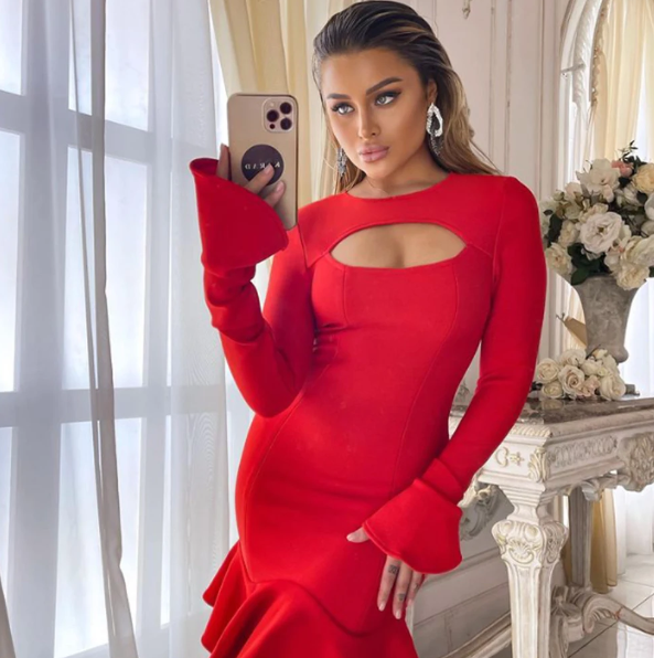 Elegant  Ruffles Bandage Long Flare Sleeve Hollow Out Bodycon Mini Dress