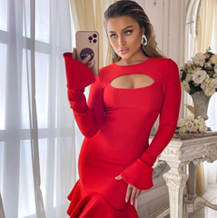 Elegant  Ruffles Bandage Long Flare Sleeve Hollow Out Bodycon Mini Dress