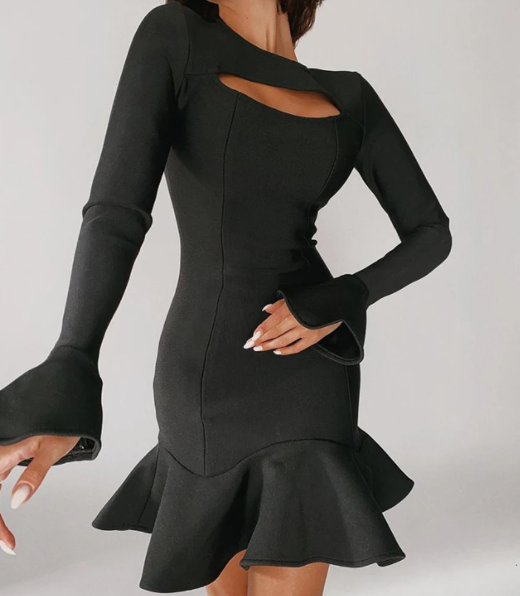 Elegant  Ruffles Bandage Long Flare Sleeve Hollow Out Bodycon Mini Dress