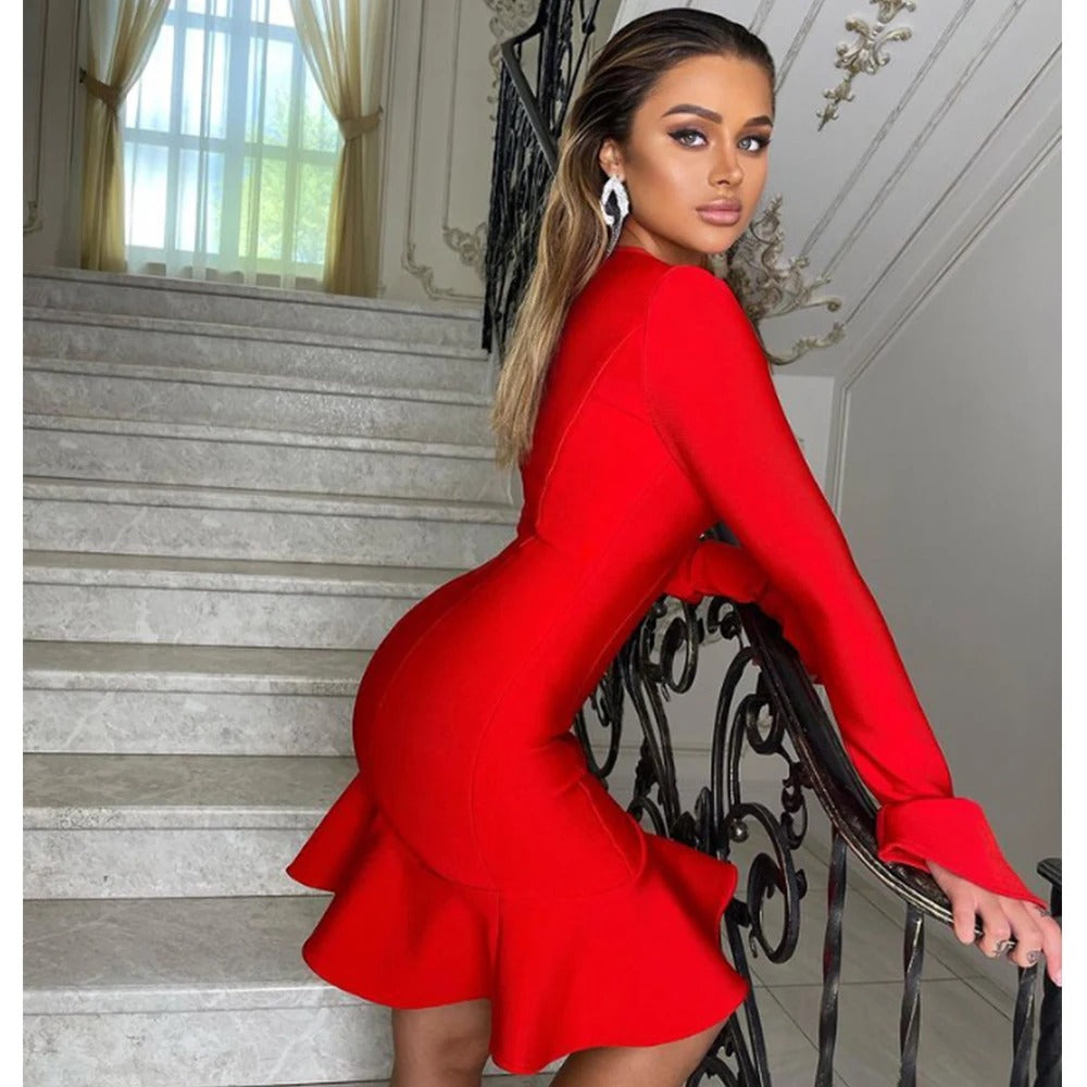 Elegant  Ruffles Bandage Long Flare Sleeve Hollow Out Bodycon Mini Dress