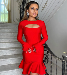 Elegant  Ruffles Bandage Long Flare Sleeve Hollow Out Bodycon Mini Dress