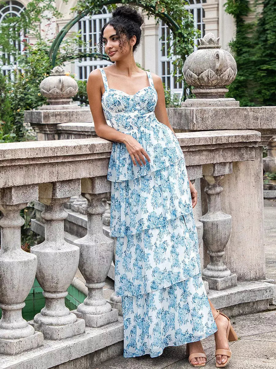Elegant Ruffles Floral Layered Events Beach Party Maxi Dress