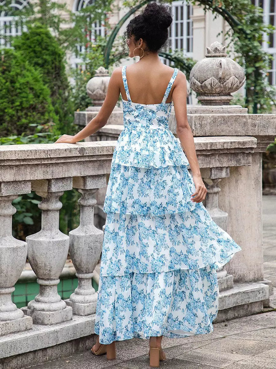 Elegant Ruffles Floral Layered Events Beach Party Maxi Dress