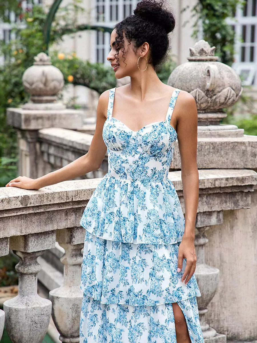 Elegant Ruffles Floral Layered Events Beach Party Maxi Dress